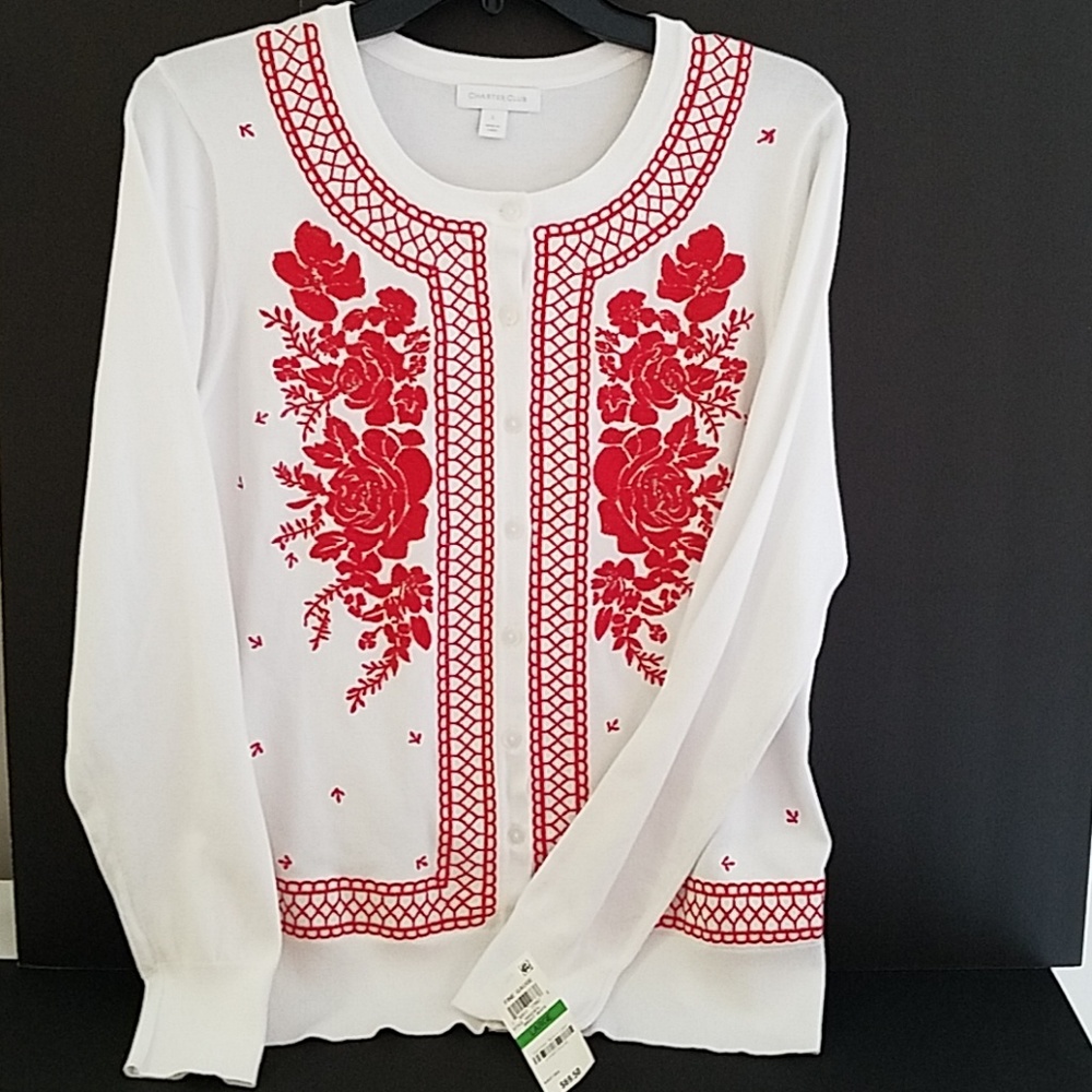 White and red long sleeve sweater